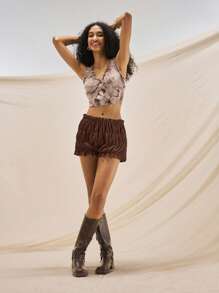 Easelle Women's Brown Knitted Mini Shorts: Casual Semi-Sheer Bubble Shorts With Frill Trim Detail - Brown - View 3