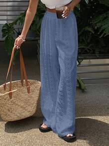 Livesso Women's Vacation Tie Dye Embroidered Elastic Waist Casual Pants - Blue - View 5