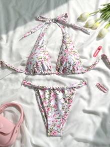 SHEIN Bikini sexy da donna per vacanza, costume da bagno a due pezzi con stampa floreale ditsy francese multifunzione, stile halter e bandeau, stile europeo e americano
