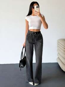 EURMUSE High Waist Flare Leg Jean Black Wash - Black - View 3