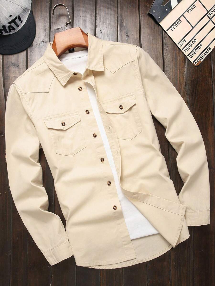 Manfinity Homme 男士纯色纽扣前口袋长袖休闲牛仔衬衫 - 杏色 - 查看 1