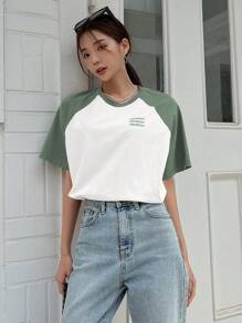 DAZY Camiseta con estampado de letra en contraste de manga raglán - Verde Oliva - Ver 3