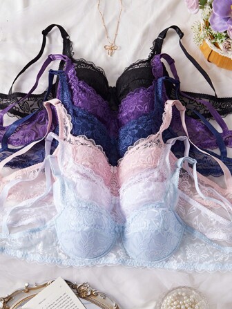 SHEIN 6 件女士蕾丝内衣文胸套装，简约休闲舒适钢圈内衣文胸