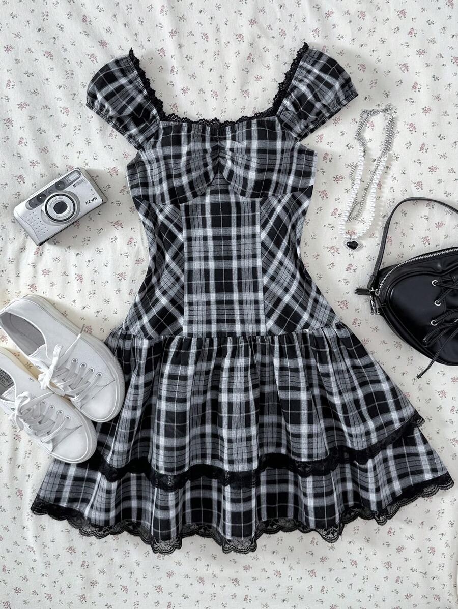 SHEIN Leap Crew TEEN GIRLS Casual Lace Blouse And Plaid Lace Dress Set, Spring/Summer, Teen Girl Dress, Teen Girl Fitted Dress, Teen Girl Clothes 14y, Teen Girls Dress Fluffy, , Teen Girl Dress, Teen Girls Dress Fluffy - Black - View 1
