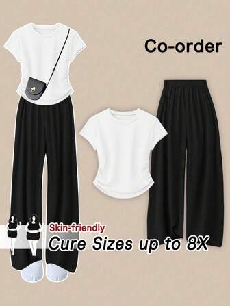 SHEIN CURVE+ 2 件套加大码纯色圆领不对称褶皱短袖 T 恤和阔腿休闲裤套装，适合度假和日常穿着