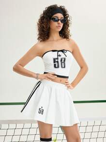 SHEIN MOD 2 Pieces Set Of Cute Letter Print Sportswear, Including A Sleeveless Crop Top And A Mini Skirt, Preppy Style Two Pieces Set, Casual Two Pieces Set, Back-To-School Season Women's Clothing, Dating Women's Clothing,Summer Two Pieces Set
