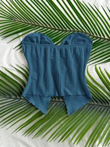 Soleia Women's Solid Color Ruched Slit Hem Fashionable Bustier Top For Vacation Tube Top - Teal Blue - View 2