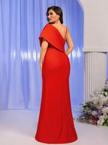 Glamrae 加大码不对称肩部亮片流苏链条长款正式晚礼服，派对礼服，适合婚礼宾客 - 紅色 - 查看 7