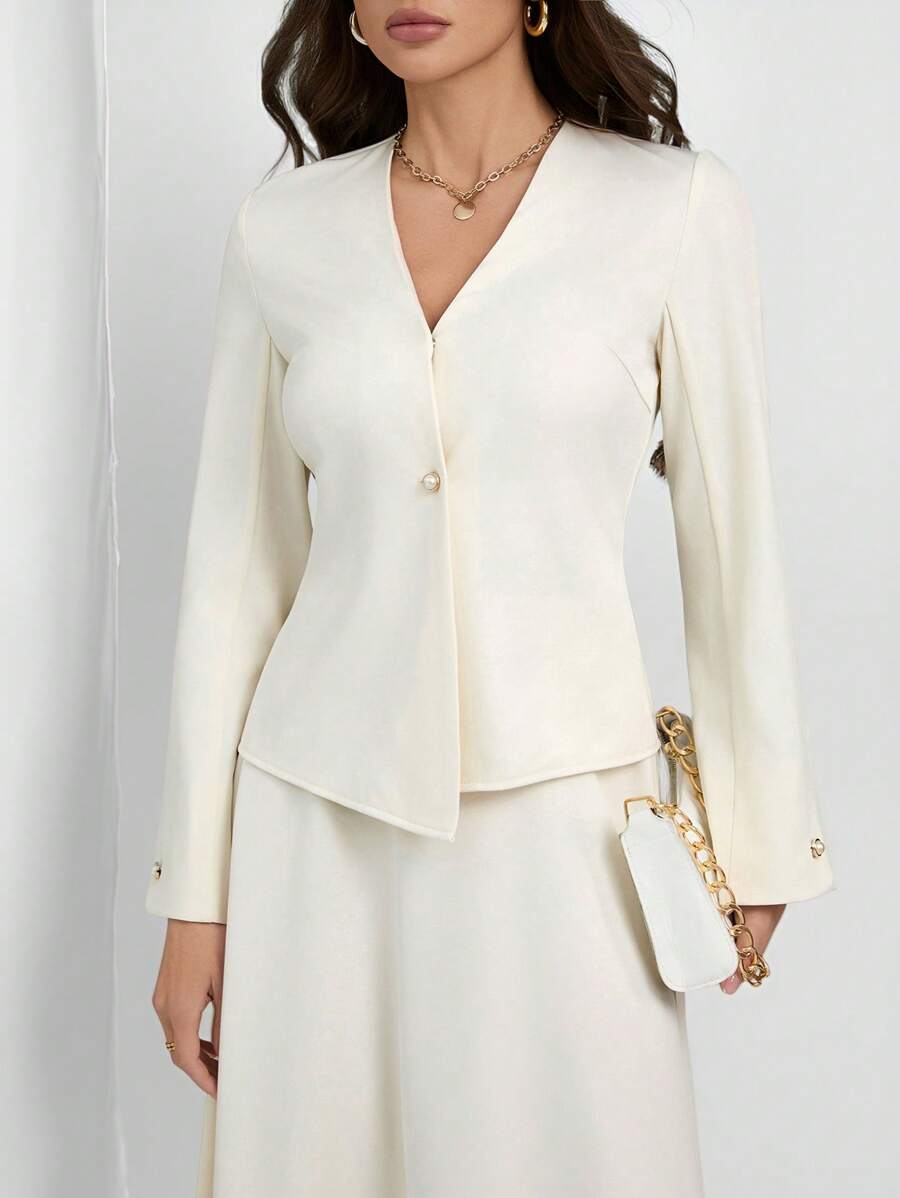 SHEIN Tall 新年女式纯色长袖单排扣夹克和长款喇叭下摆裙优雅两件套,秋季 - 杏色 - 查看 1