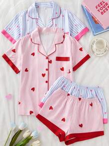 SHEIN Set de 2 piezas con parte superior de polo de manga corta de apertura frontal y pantalones cortos de bloqueo de color con estampado de burbujas y patrón de corazón