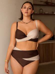 Swim Vcay Conjunto de traje de baño con aros para tallas grandes con bloques de color para vacaciones