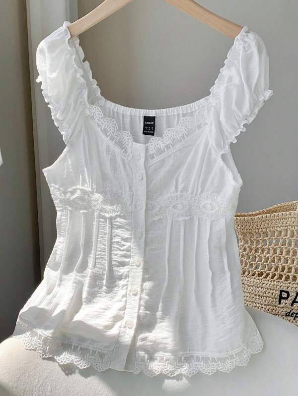 Comfortcana Women Summer Country Concert White Woven Contrast Lace Blouse