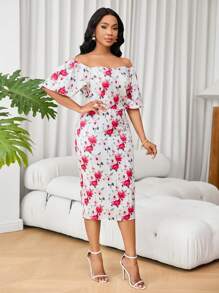 SHEIN Clasi Elegant Floral Print Off Shoulder Bodycon Dress For Summer - Multicolor - View 6
