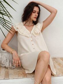 Uhlyne Abito casual da donna in lino intrecciato con maniche a volant, rifiniture arricciature, scollo a V con bottoni, vestito casual da resort con linea ad A