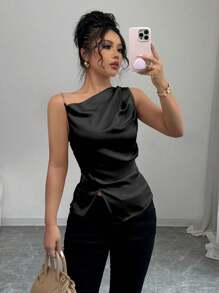 Rafferiza Women's Pleated Metal Chain Shoulder Elegant Blouse