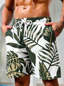 Manfinity Swimmode Men's Green Tropical Leaf Print Pocket Polyester Beach Shorts - Green - View 6