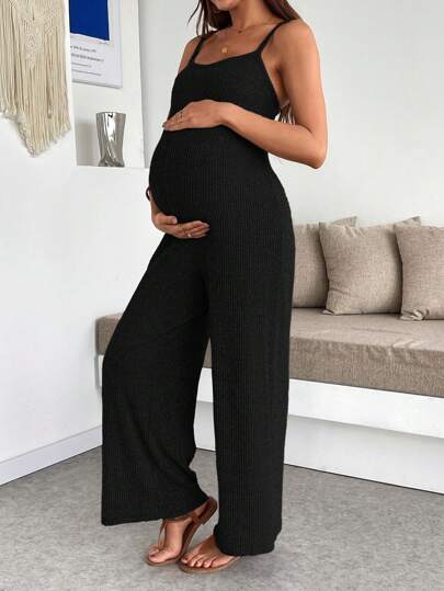 SHEIN Maternity Casual Solid Color Sleeveless Jumpsuit, Summer