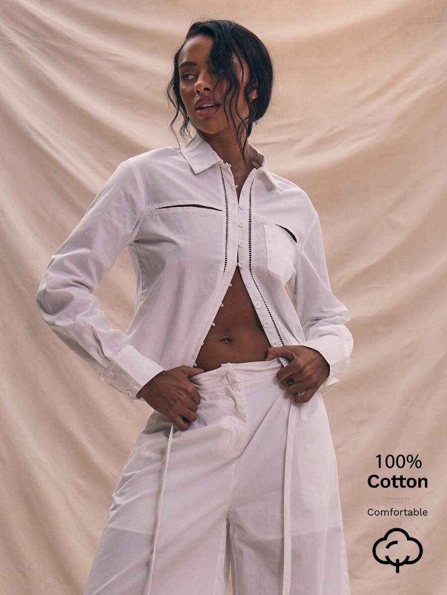 MUSERA ملابس علوية أبيض له أزرار للقطع مع ربطة في الذيل، تاب مناسب للربيع والصيف، كاجوال أنيق
