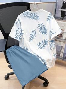 SHEIN 2pcs Set Teen Boy's Tropical Print Tee & Drawstring Waist Shorts;Spring Wear; Teen Boys' Clothing; Kids' Jackets, Spring Back To School - Dusty Blue - View 2