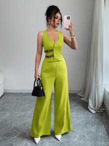 Elenzga Elegantes, einzigartiges Business Lässig Set für Damen mit ärmelloser Weste mit V-Ausschnitt, Lederknöpfen, Taillenbindung und geraden Hosen, Unifarben, geeignet für Dates, Büro