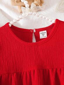 SHEIN Girl (Small) Red Textured Fabric Cap Sleeve Ruffle Hem Dress - Hot Pink - View 4
