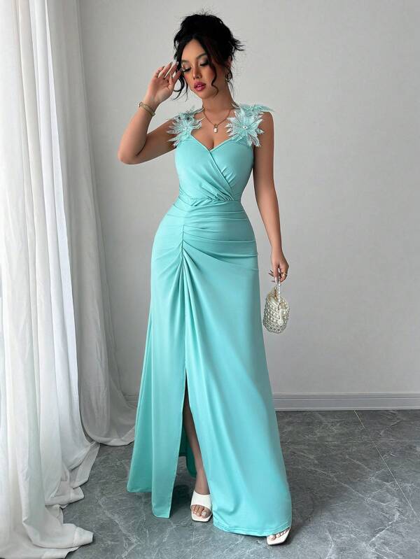 Elenzga Rochie de damă, elegantă, romantică, cu bretele florale 3D, rochie de seară