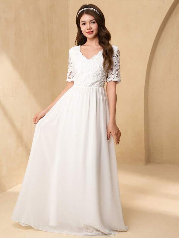 SHEIN Wedding Flower Teen Girl V-Neck Short Sleeve Lace Patchwork Chiffon A-Line Long Dress, Elegant For Prom, Birthday Party, Performance