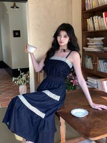 DAZY Women's Denim Lace Patchwork Spaghetti Strap Denim Dress