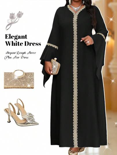 Fleurora Spring And Summer Autumn And Winter Elegant Co Mmuting Office White Knitted V Neck Ball Gown Flounce Tape A Line Dress Long Long Sleeve Abayas Arabian Dresses Plus Size Dresses Elegant Women Dresses Classy Outfits Summer Outfits For Women Spring Festival Outfits For Women Modest Dress Abaya Dress