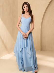 SHEIN Long Chiffon V-Neck Asymmetrical Hem Bridesmaid Dress, Suitable For Flower Girl, Teenager, Wedding, Party, Birthday