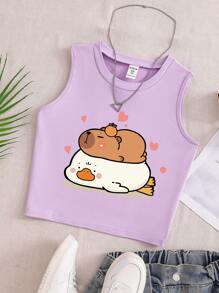 GraphicGems Tween Girls Capybara And Duck Cartoon Print Round Neck Purple Cute Tank Top, Summer - Purple - View 2
