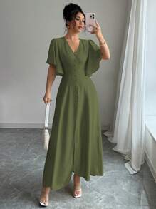 Elenzga 女士优雅纯色 V 领 A 字形开衩袖装饰长款休闲连衣裙，适合春夏季茶会、度假、通勤