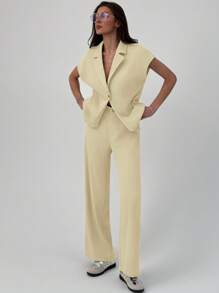 Aloruh Modern Lapel Short Sleeve Cinched Waist Metal Button Blazer + Long Straight Suit Pants In Fall/Winter - Yellow - View 1