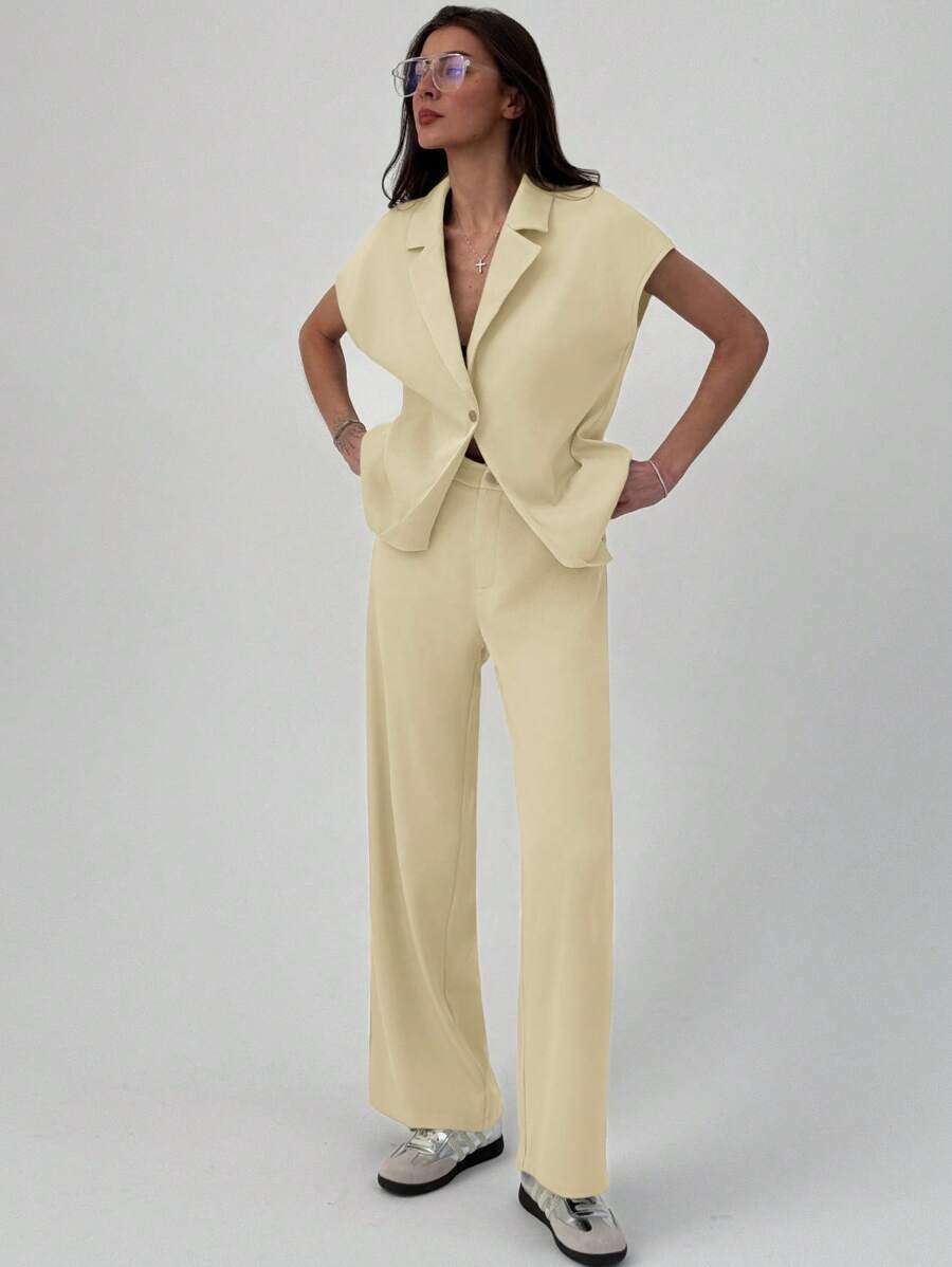 Aloruh Modern Lapel Short Sleeve Cinched Waist Metal Button Blazer + Long Straight Suit Pants In Fall/Winter - Yellow - View 1