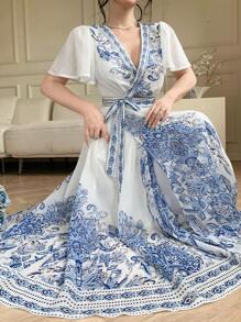 DAZY Women's Spring/Summer Blue & White Porcelain Printed Long Dress - Blue - View 3