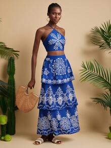 Travachic Women's 2pcs Set: Floral Print Halter Cropped Top & Skirt, Holiday Outfit,Two Pieces Set Women,Vacation Outfits Women,Boho,Summer - Blue - View 4