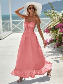 Vivid Eden 女士纯色褶皱露背休闲度假吊带裙 - 藕粉色 - 查看 1