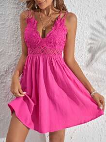 SHEIN VCAY Guipure Lace Panel Cami Dress - Hot Pink - View 6
