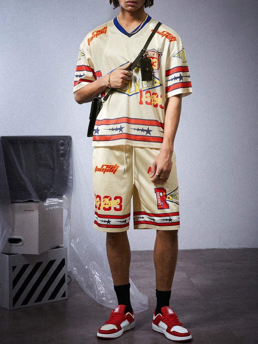 PAVTROS Set de 2 piezas de camiseta de manga corta con cuello en V y franja de contraste talla grande pantalón corto con cordón en la cintura para hombre, conjunto de verano de 2 piezas - Multicolor - Ver 1