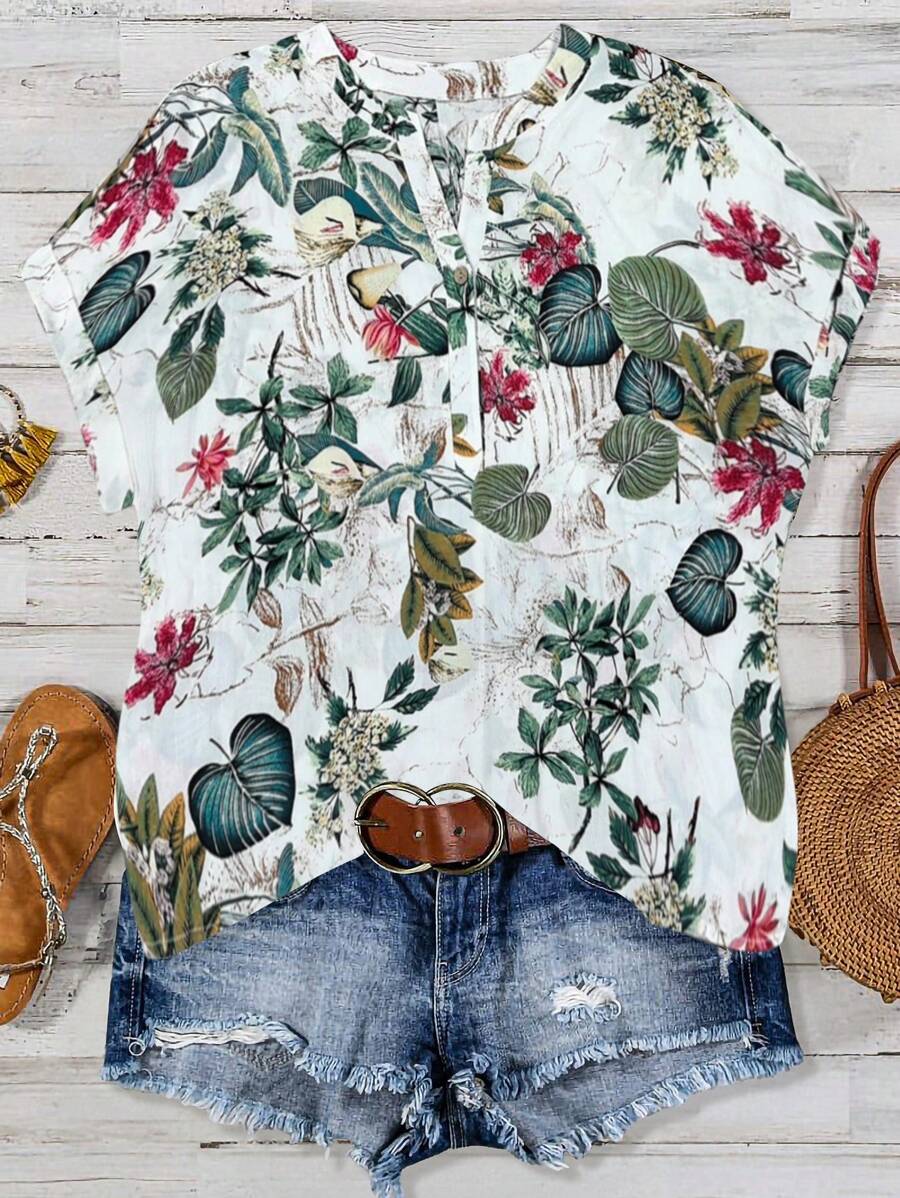 SHEIN LUNE CURVE Plus Size Women Vintage Print V-Neck Button Down Short Sleeve Loose Blouse, Spring Summer - White - View 1