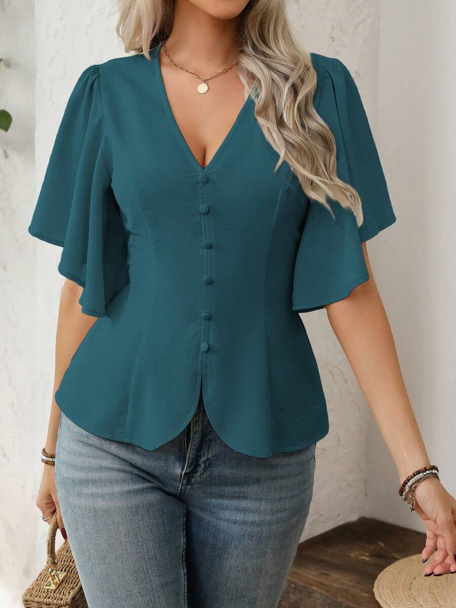 SHEIN Clasi 女式简约 V 领纽扣装饰荷叶边肘袖 A 字休闲衬衫,优雅办公室通勤度假风格,春夏 - 水鴨藍 - 查看 1