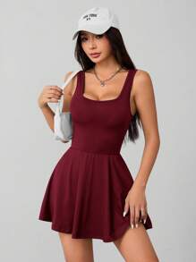 SHEIN PETITE Women's Burgundy Knitted Sleeveless Square Neck Backless Short Unitard Dress: Stretchy And Stylish