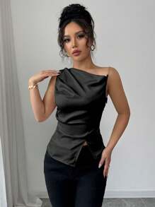 Rafferiza Women's Pleated Metal Chain Shoulder Elegant Blouse