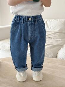 SHEIN Baby Boys'Casual Soft Cute Blue Denim Loose Wide Leg Ruffle Hem Tapered Jeans,For Baby Spring/Summer Indoor/Outdoor Wear Clothes And Daily Wear Outfits