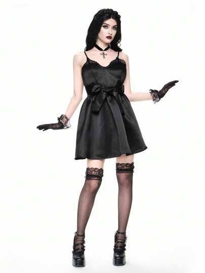 Goth Vestido mini de satén y encaje en contraste con estilo gótico romántico y vintage al estilo palaciego para Halloween