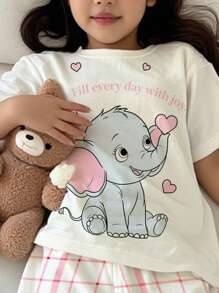 SHEIN Young Girls Casual Elephant Pattern Slim Fit Round Neck Short Sleeve Pants Sleepwear Set, Suitable For Summer - Multicolor - View 3