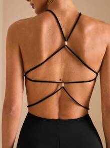 SHEIN BAE Women's Summer Sexy Backless Jumpsuit Black Jumpsuit Seaside Vacation One-Piece Swimsuit Swimsuit Night Out Vacation Outfit/Prom Dress/Summer Clothes/Romper/Wedding Guest Dress Women/Elegant Dresses For Party/Vacation/Easter Outfit Women