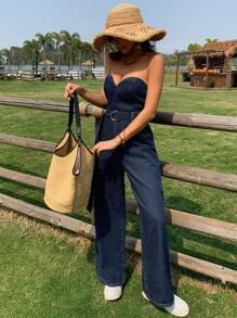 DAZY Mono de mezclilla holgado y casual de mujer con top bandeau y cinturón, para verano