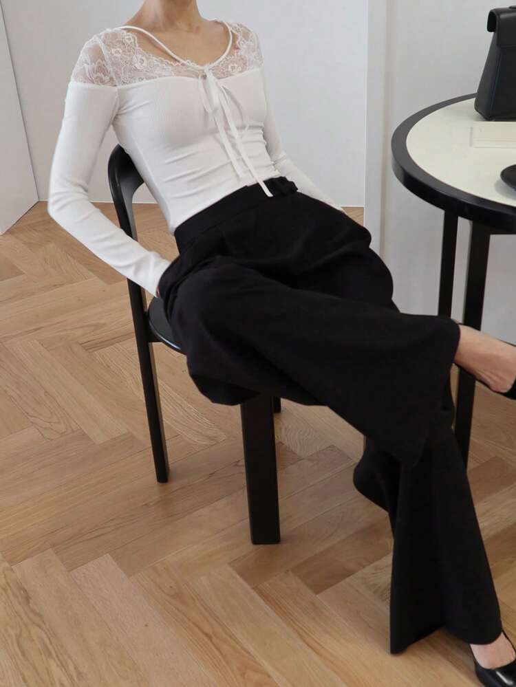 Women Elegant Solid Color Lace Patchwork Slim Fit T-Shirt Long Sleeve Women Tops