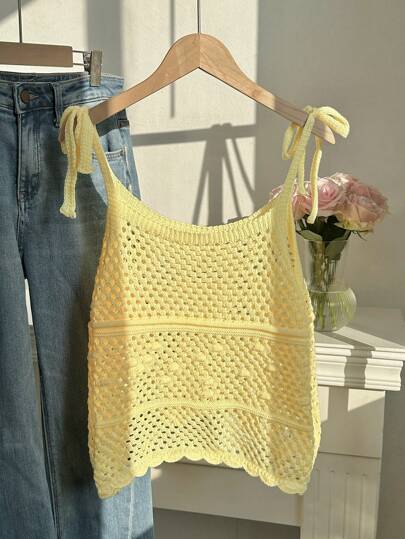 SHEIN EZwear Loose Knit Hollow Out Lace Up Tank Top, Fashion For Summer